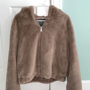 Brown furry oversized hooded jacket.